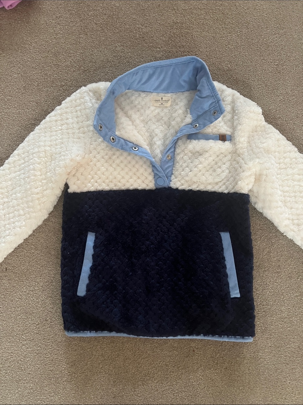 Simply Southern Kids Two-Tone Sherpa Pullover in Cream, Navy & Light Blue
